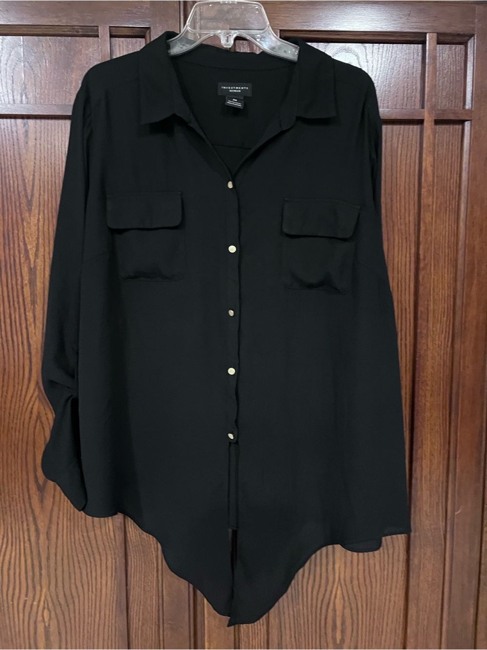 Investments Woman 2X Black Button Up Shirt Blouse Tie Front Roll Tab Sleeve Plus